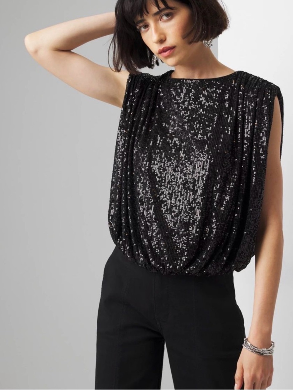 White House Black Market Black Sequin Draped Blouson Top